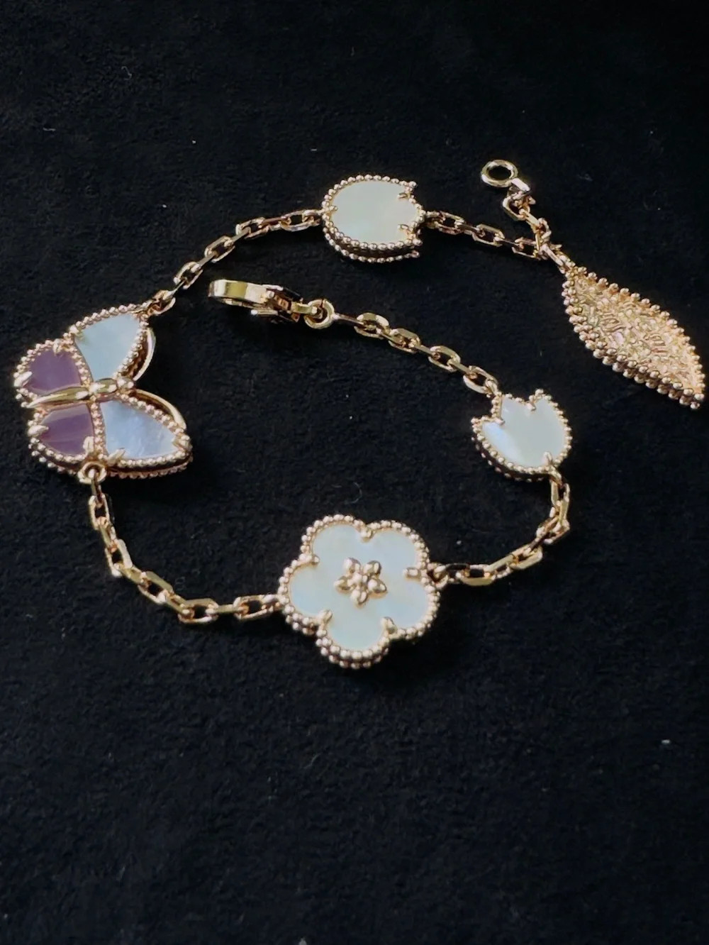 Gold Tone Mother-of-Pearl Butterfly & Flower Bracelet